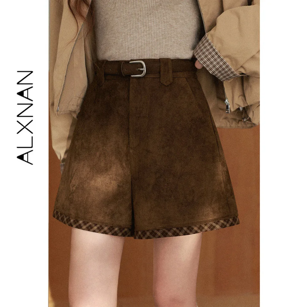 ALXNAN Women's Mocha Brown Shorts Plaid Spliced Autumn High Waist A-line Casual Pants Vintage Elegant Casual Short Pants L68026