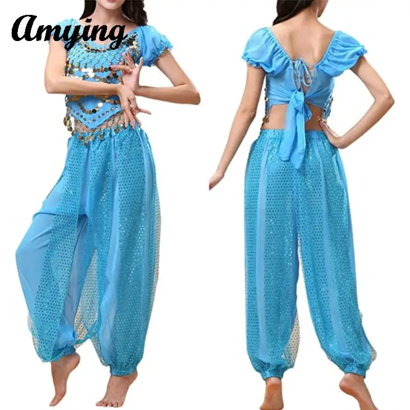 

Ladies Belly Dance Costume Set Oriental Indian Dance Arabic Clothing Performance Practice Training Suit Short Sleeve Top+Pants