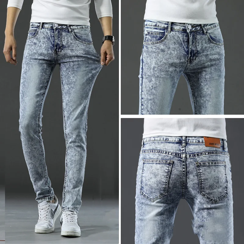 2024 Brand Slim Skinny Men Cotton Designer Stretch New Jeans Classic Retro Snowflake White Korean Fashion Wash Denim Trousers