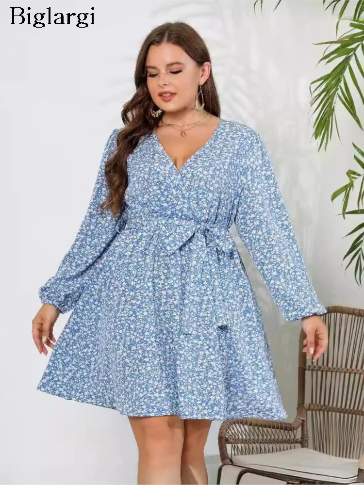 Plus Size Summer Flower Floral Print V-Neck Mini Dress Women Ruffle Pleated Loose Fashion Ladies Dresses Long Sleeve Woman Dress