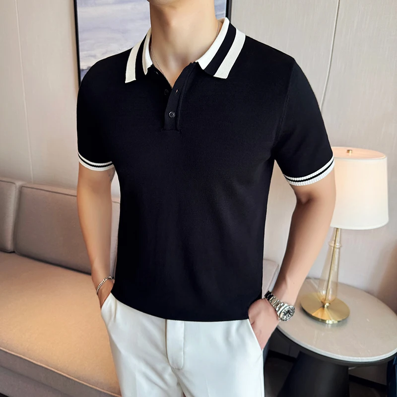 High Elasticity Men Short Sleeved Polo Shirt Summer Light Thin Fashion Casual Lapel Knitted T-shirt High-quality Men Clothing