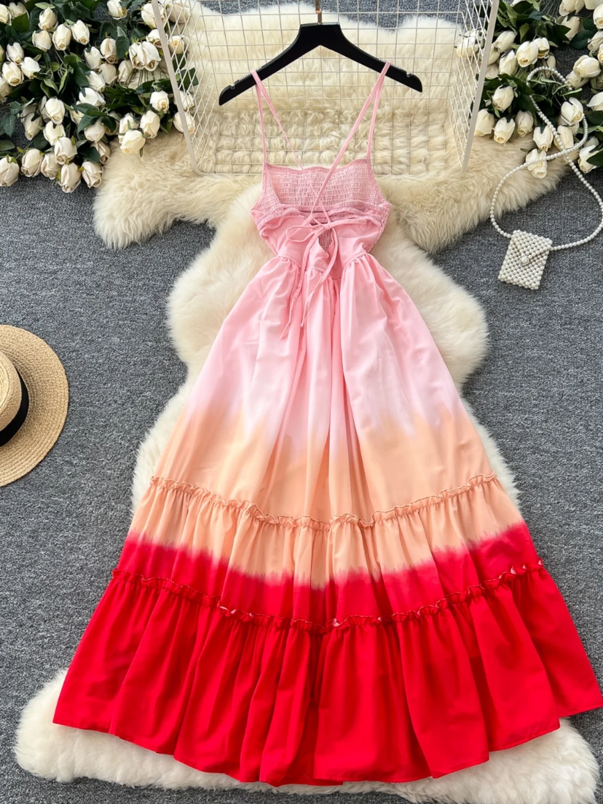 Summer Backless Long Dress Women Sexy Slim Gradient Boho Beach Dresses Ladies A-line Vintage Long Robe Vestidos