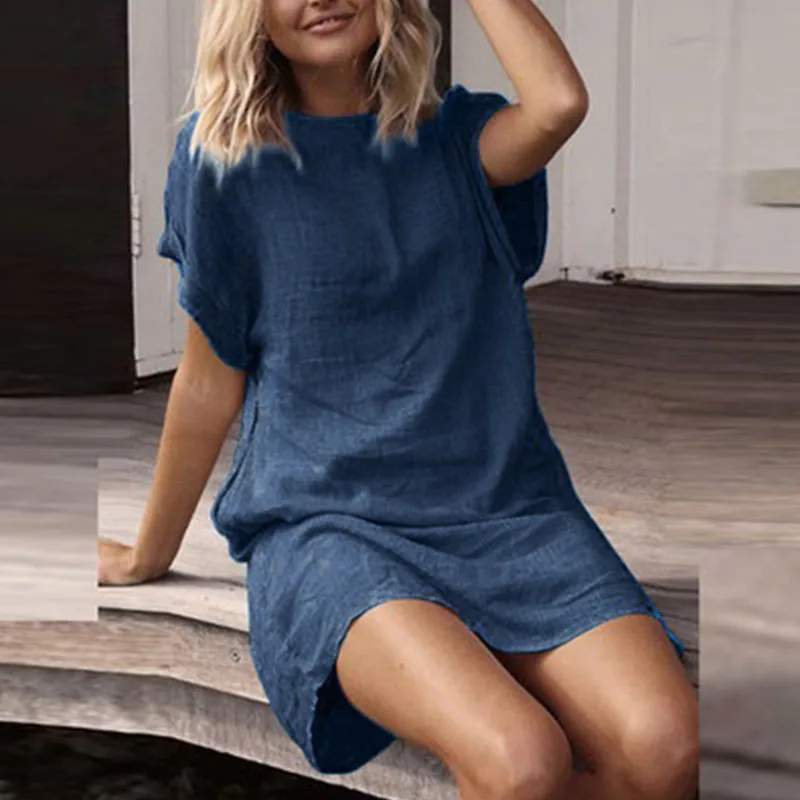 

Summer Women's Dress 2023 New Casual Women's Loose Casual Solid Color Short Sleeve Cotton Linen Dress