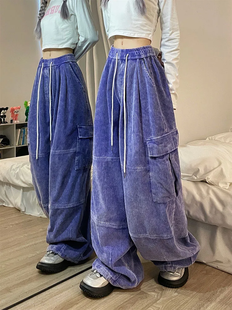 

American Retro Purple Corduroy Overalls Fashion Pants Winter Loose Women Wide-Leg Thickened Washed Distressed Straight Trousers