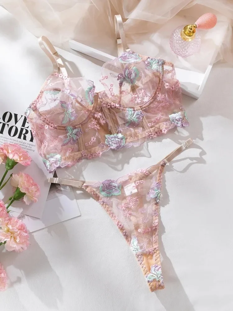 Porn Lace Floral Embroidery See Through Bra + Panty Set Sexy Lingerie Women Underwear Erotic Brief Kit Intimates