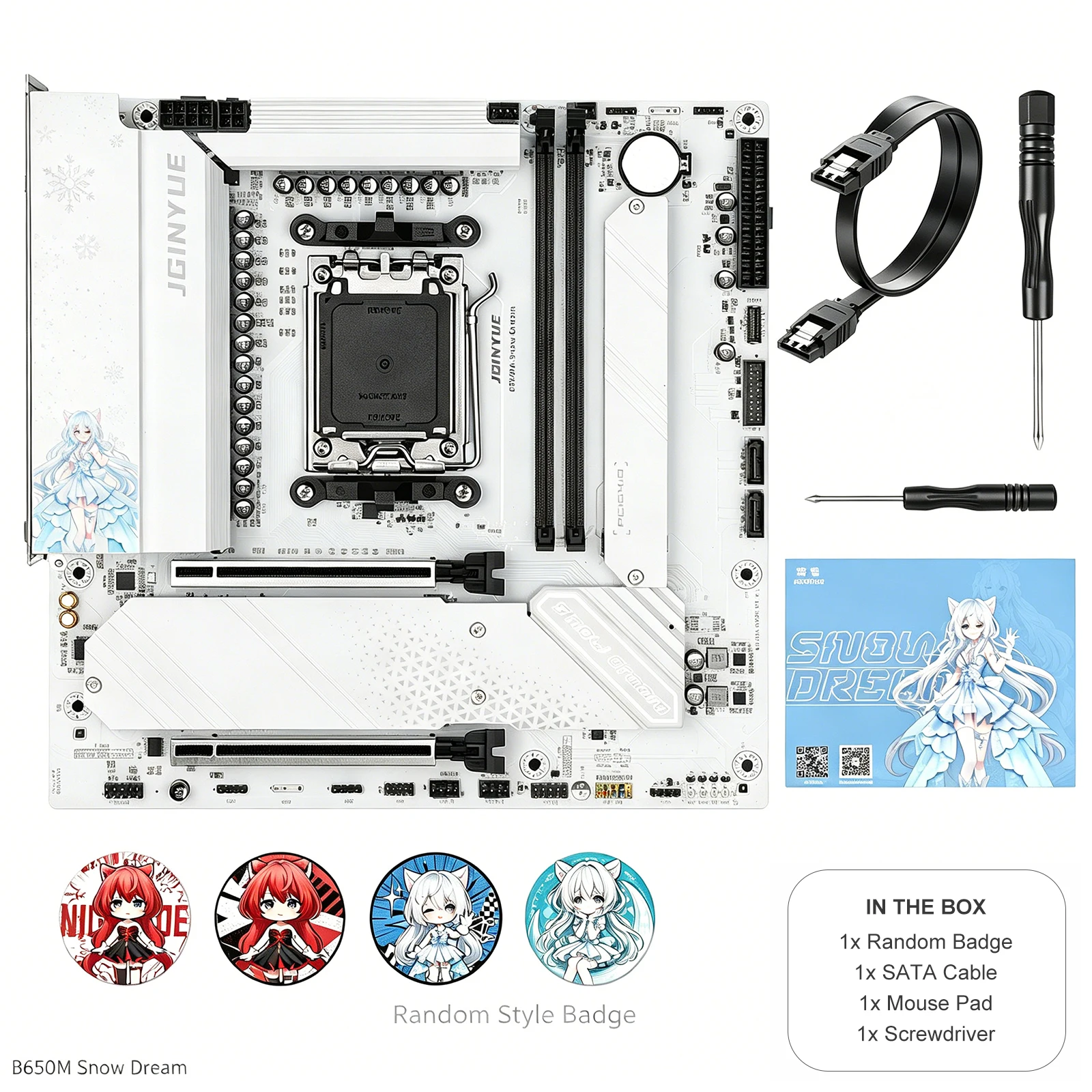 JINYUE B650M Snow Dream AM5 Motherboard DDR5 PCIe 4.0 M.2 M-ATX White Gaming Mainboard for AMD Ryzen 7000 8000 9000 Series