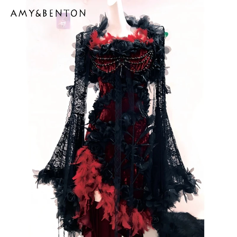 

Punk Gothic Black Red Halloween Lace Hollow Out Sexy Women's Dress Original Design Autumn Winter New Christmas Dresses Ladies