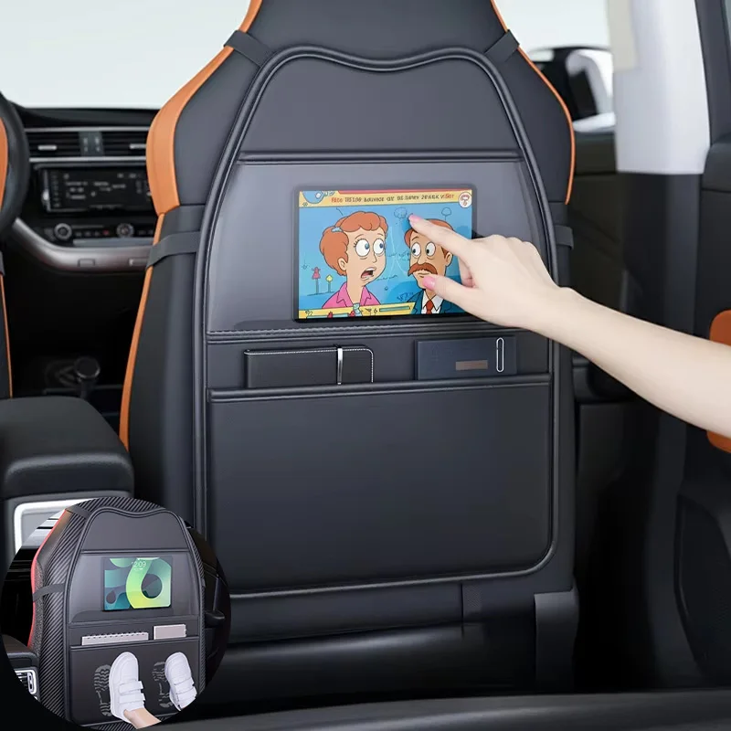 High-end PU Leather Car Seat Kick Proof Pad with Pockets Multi-functional Tablet Holder Auto Seat Back Protection Cover for Kids