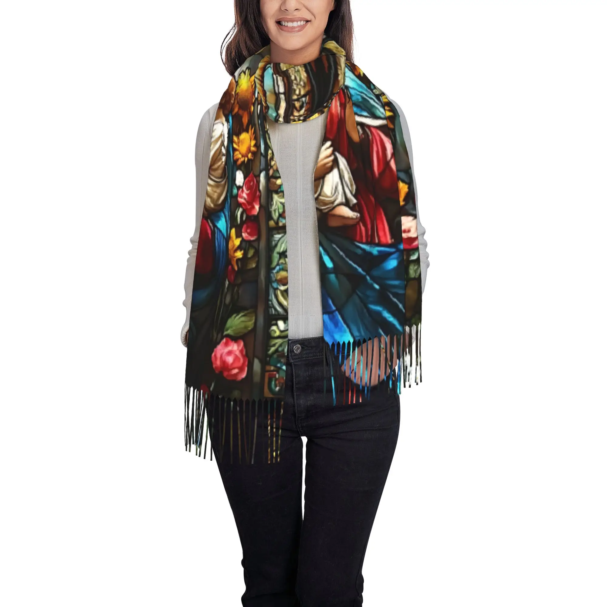 1 PC Stained Glass Mary Print Poncho  In Autumn Exquisite Windproof Birthday Gift Tassel Scarf