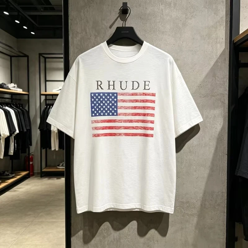 T-shirt RHUDE imprimé drapeau américain pour hommes et femmes, streetwear américain, haute qualité, coupe ample, manches courtes, hauts confortables, collection été 2026