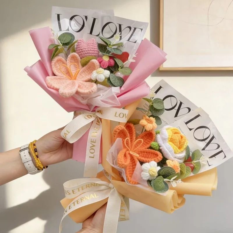 Artificial Crochet Roses Tulip Finished Knitted Flower Bouquets Creative Christmas Birthday Valentine Graduation Gifts