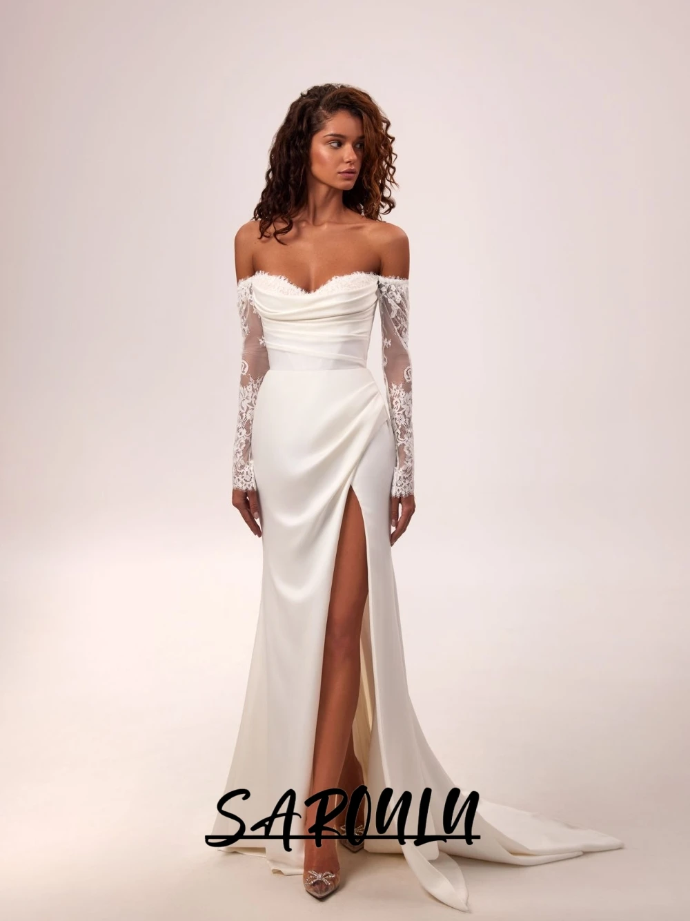Sweet Off Shoulder Lace Wedding Dress, Romantic Mermaid Fitted Customized Bridal Gown, Flowing Elegant Women Wear, High Slit