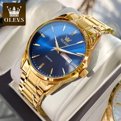 OLEVS TOP Brand Men's Watches Gold Stainless steel Luxury Business Dual Calendar Display Waterproof Quartz Watch for Men 6898