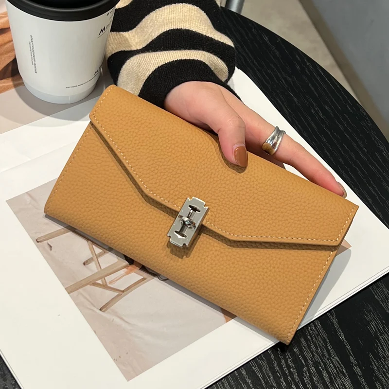 

Spring 2025 Long Handheld Wallet Large Capaci Soft Cowhide Mobile Phone Bag Trendy Card Holder Korean Sle Pure Color