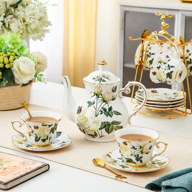 Coffee cup and dish set, European style small luxury ceramic pot, tea cup, afternoon tea set, gold border, home use