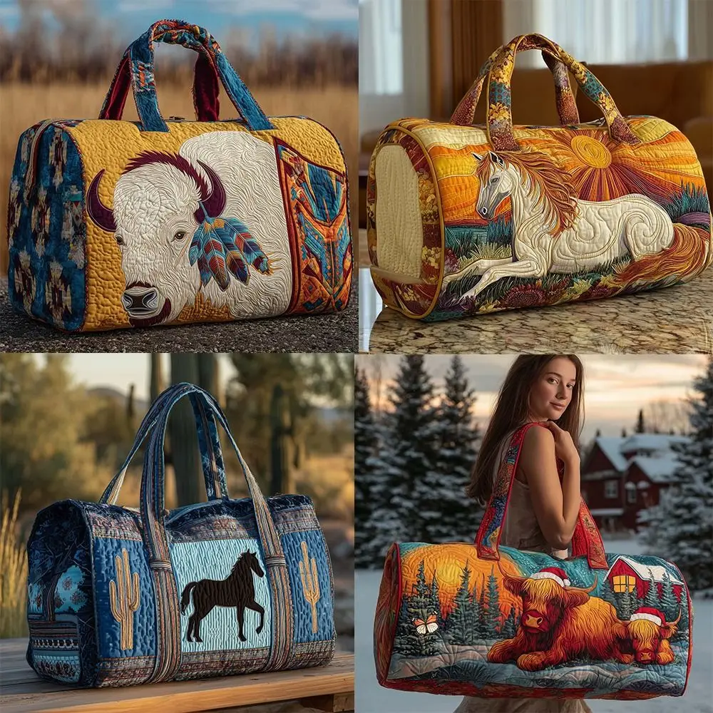 Sac de voyage matelassé à bandoulière réglable, motif cheval et vache, grande capacité, sac de voyage matelassé 3D, sacs fourre-tout