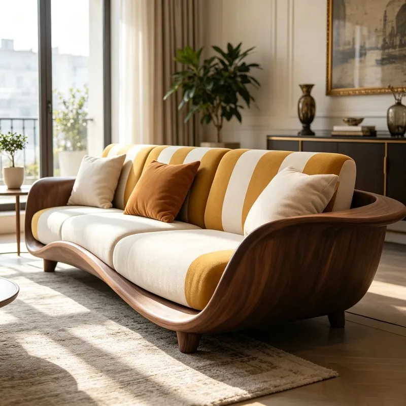 Yellow and white striped three-seater sofa wood grain glass fiber frame curved leisure sofa suitable for living room