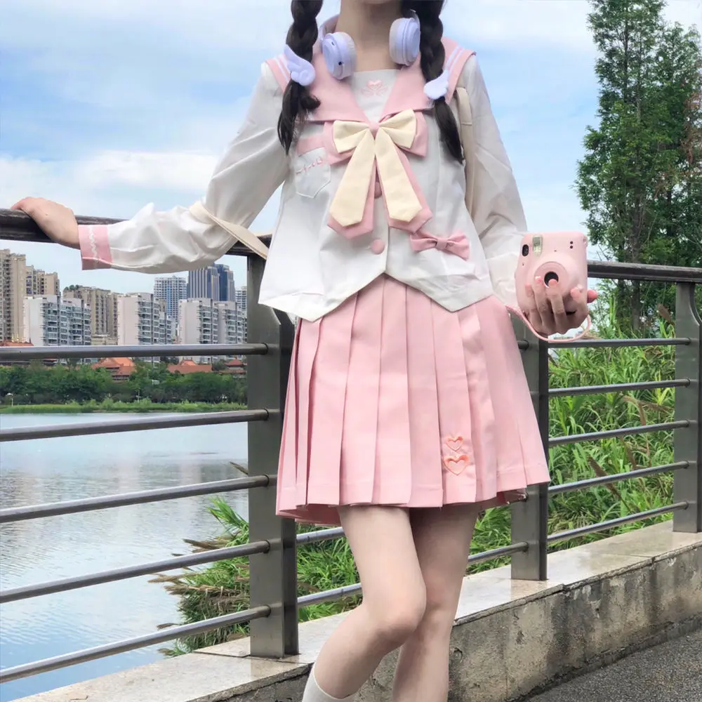 Japan School Uniform For Girl Sweet And Cute Sailor Suit Long Skirt  Pink High-Quality Materials Clothes Anime COS Costume