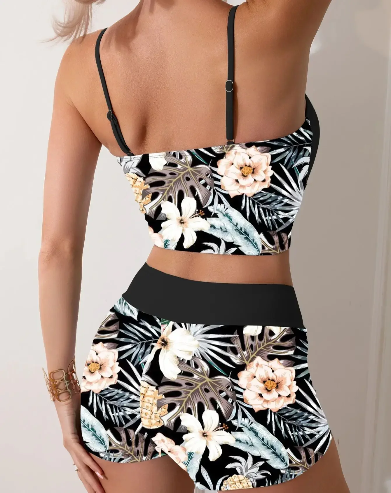 Ensemble Tankini à fleurs imprimées pour femmes, maillot de bain fille, sangle réglable, glaBra, short à fleurs, bikini, string de proximité, ensemble de plage