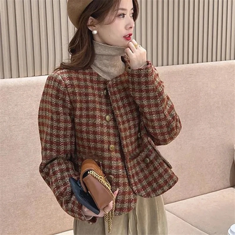 Tweed Jacket Overcoat Oversize Womens Fall Vintage Lady Rhinestones Elegant Minimalism Silhouette French Style Harajuku Lace-Up