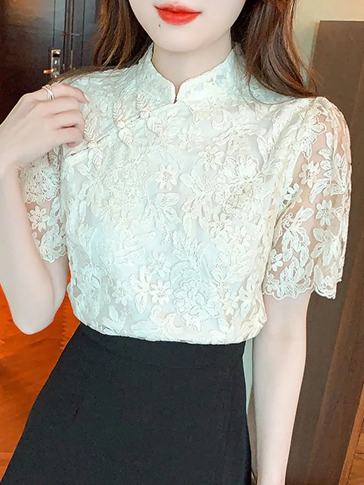 Summer Short Sleeve Vintage Lace Blouse Shirt Women Tops Blouse Women Blusas Mujer De Moda 2024 Verano Blouses Shirts Blusa G469