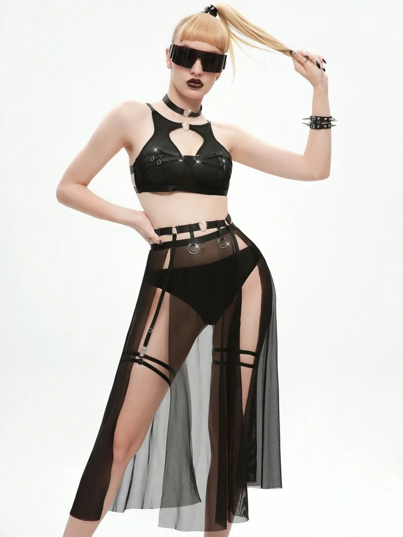 Black Bondage Style Lingerie With Halter Top Mesh Maxi Skirt Straps O Rings Choker And Buckle Clubwear For Women Sexy Skirt 29WR