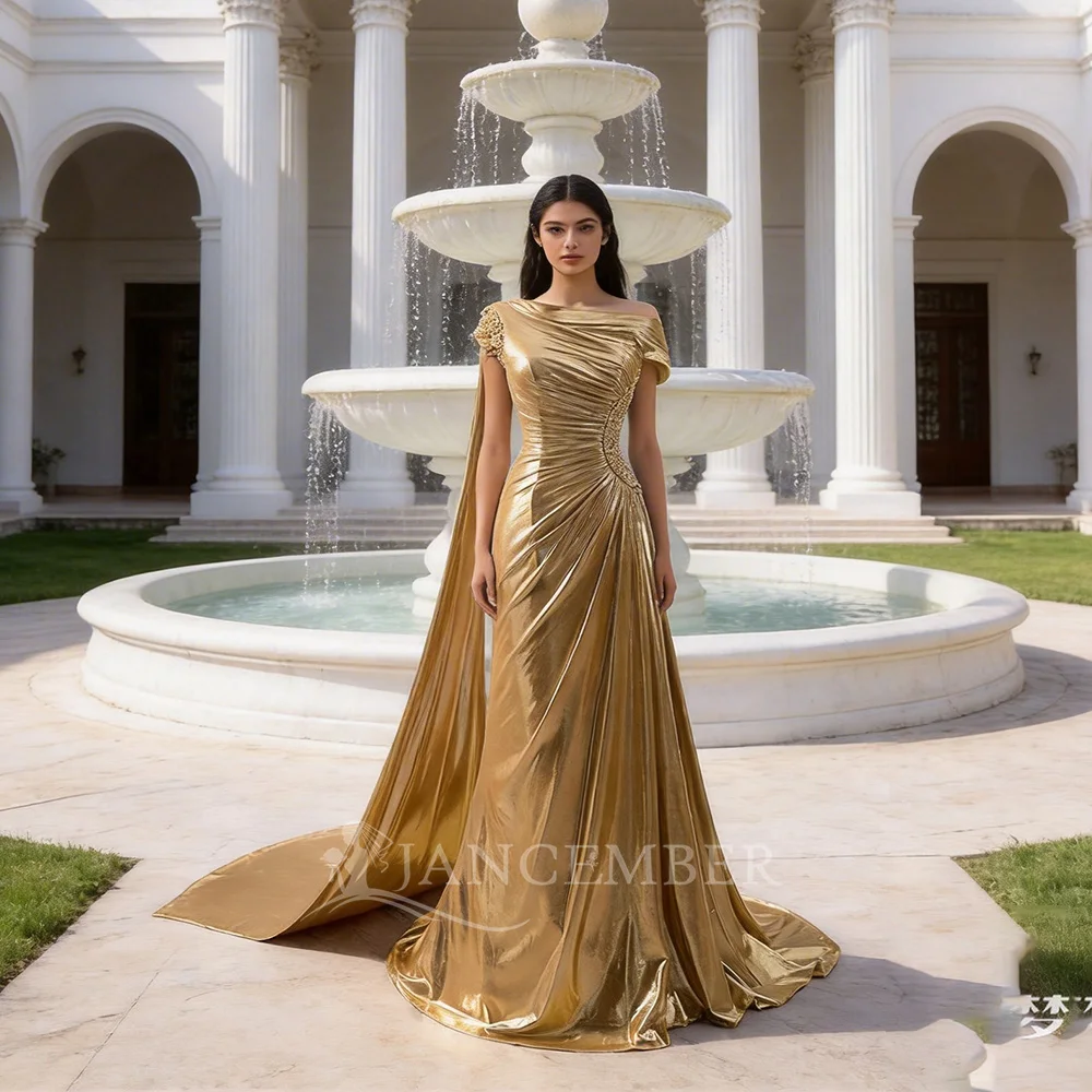 Superfine Brand New Long Evening Bridesmaid Dress A-line Boat Neck Cape Sleeve Sleeveless Beading vestidos de noche RSM241032