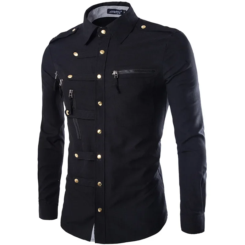 LIBIELIY Spring Autumn Casual Shirts Men Long Sleeve Square Collar Cargo Shirt Mens Fashion Zippers Slim Fit Solid Color Dress S