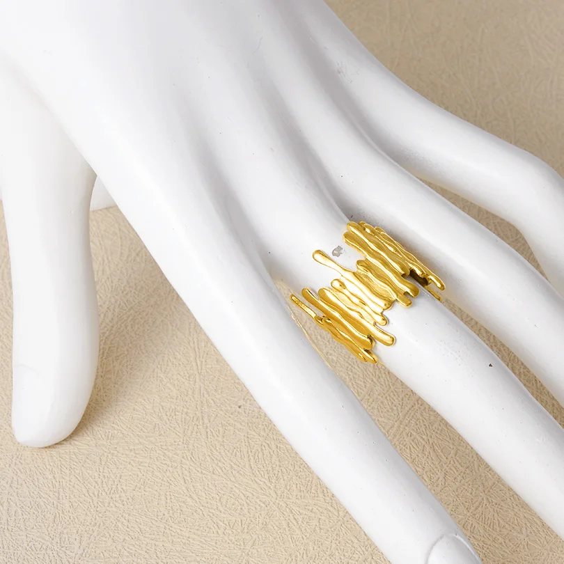 Liquidity Irregular Open Stainless Steel Rings For Women Men Accessories Real Gold Plated Adjustable Ring Punk Vintage Jewelry