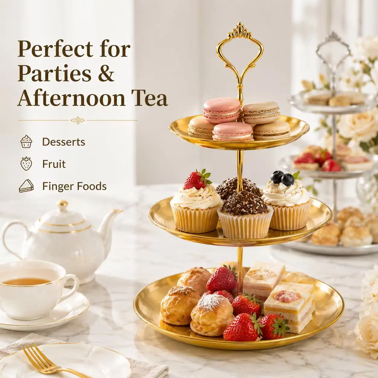 

Luxury 3-Tier Gold Cake Stand Dessert Display Tray for Wedding Party Birthday Afternoon Tea Elegant Metal Cupcake Holder