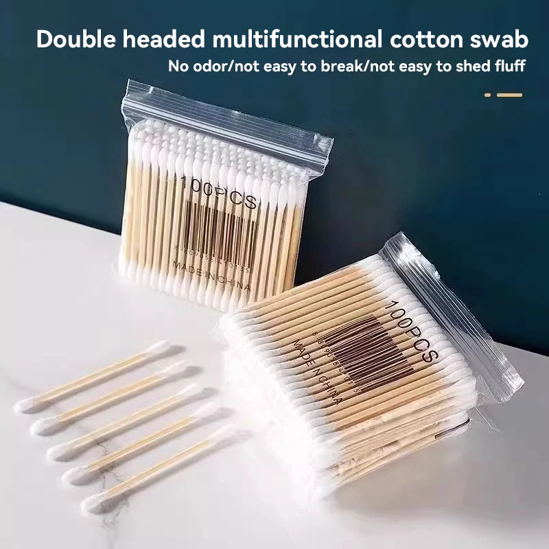 100Pcs Cotton Swab Wooden Cotton Sticks Double-Tipped Cotton Cotton Swab Bud Chlorine-Free Hypoallergenic Makeup Tools