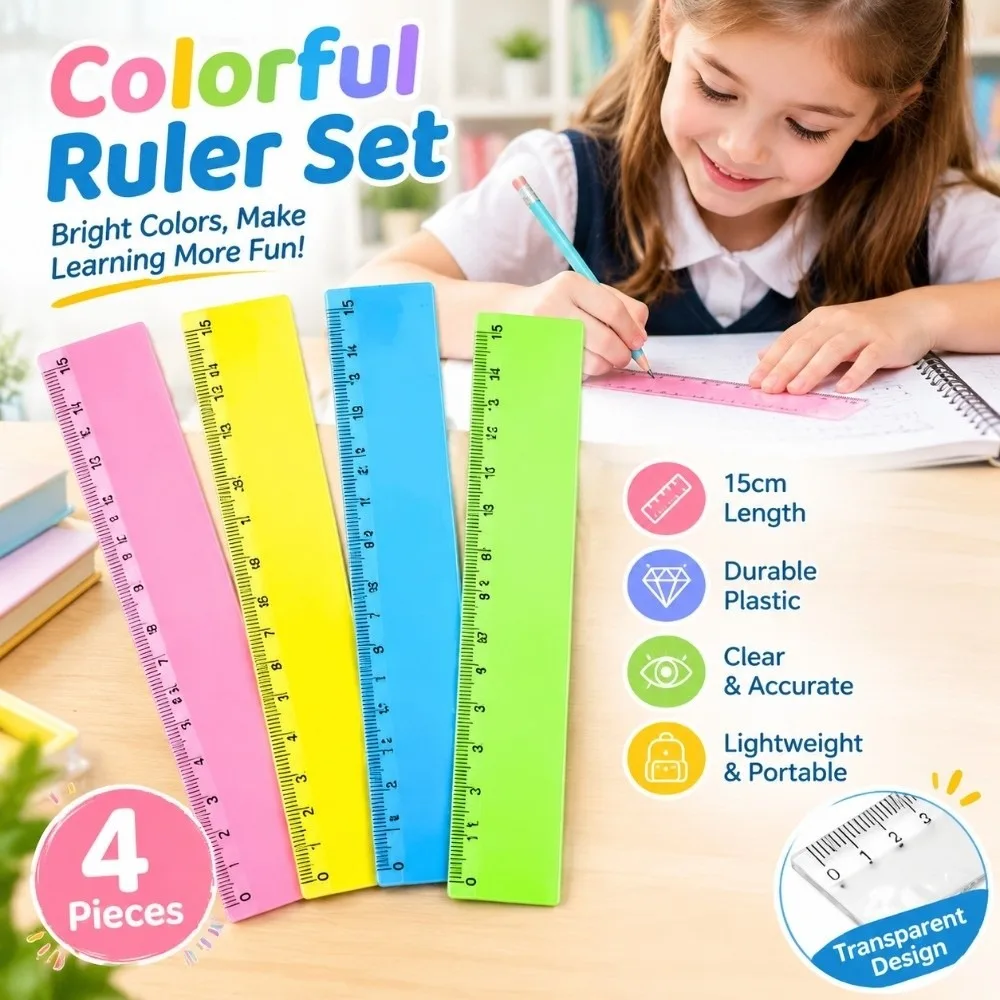 4pcs Candy Color 6 Inch Rulers Clear Scale Centimeter Straight Rulers Accurate Measuring Tool Plastic Ruler Set Classroom