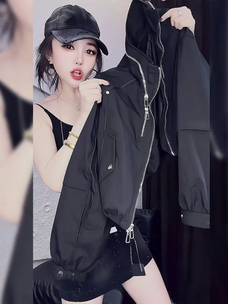 

Black Short Zipper Jacket Women's Loose Style Slimming Top Commute Wind Spring Autumn Casual Loose Fit Stand Collar Coat