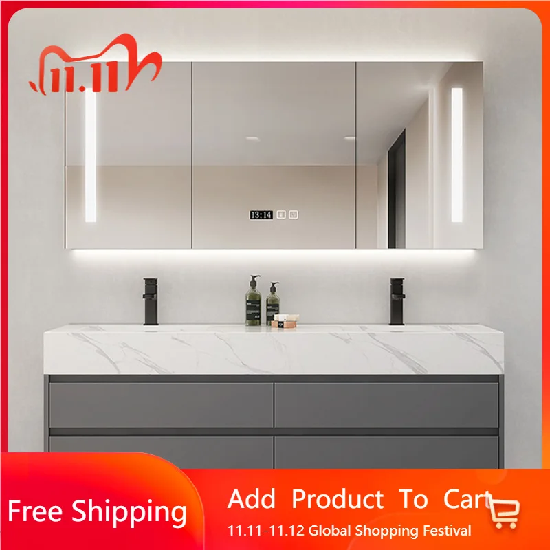 

Modern Bathroom Cabinet Rock Slab Integrated Ceramic Sink Combination Mirrors Drawer Wash Double Basin Cabinet Storage Furniture