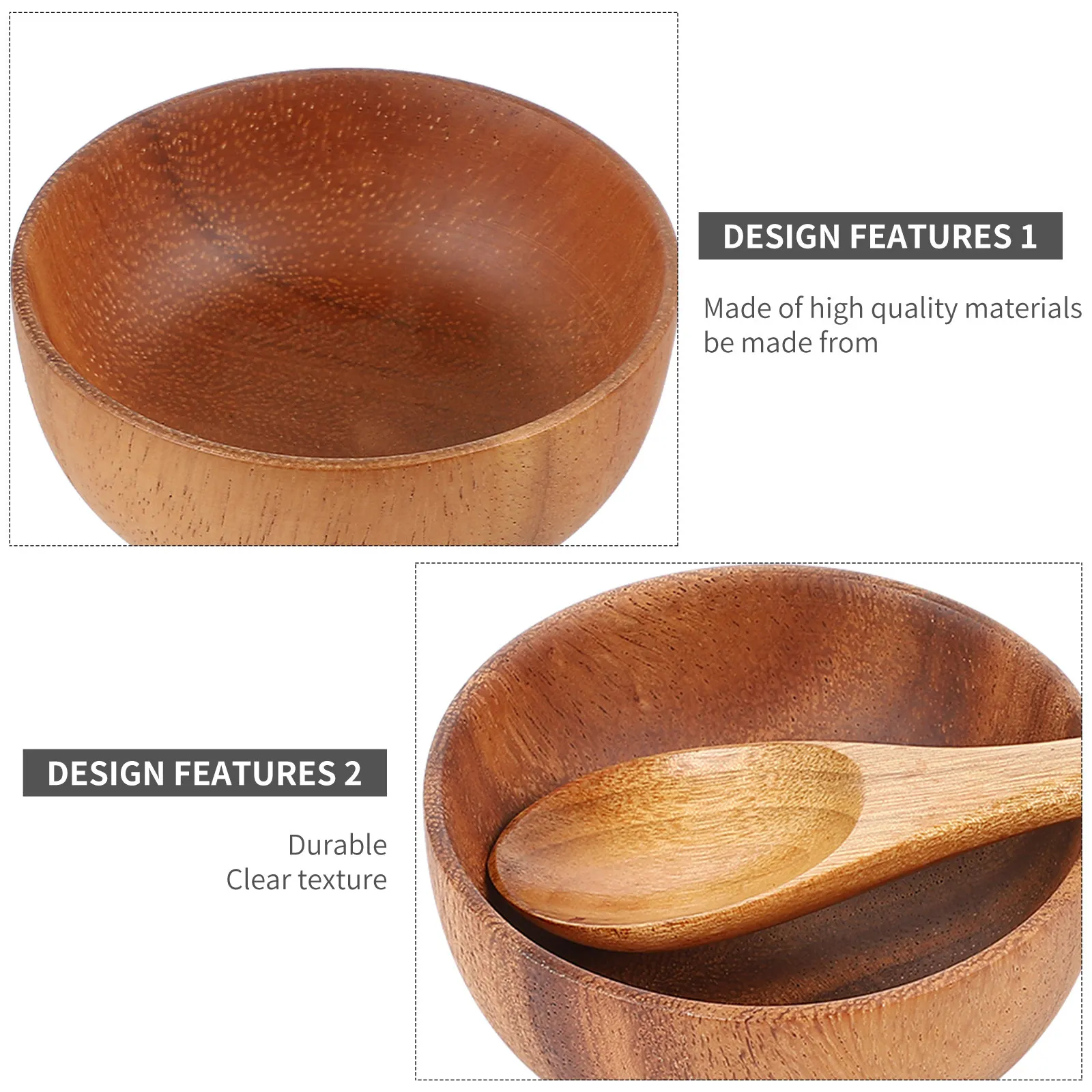 1Set Wooden Bowl Set Natural Wood Texture Elegant Minimalist Design Shatterproof Child Safe Portable Washable Salad Fruit Rice