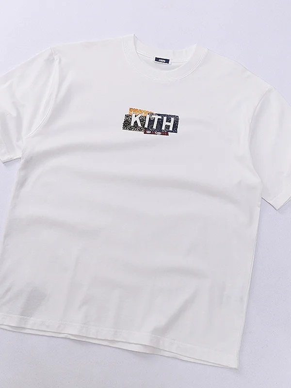Retro Washed American Street KITH T-Shirt Patchwork Box Logo Loose Versatile round Neck Short Sleeve Casual Style Cotton Tee