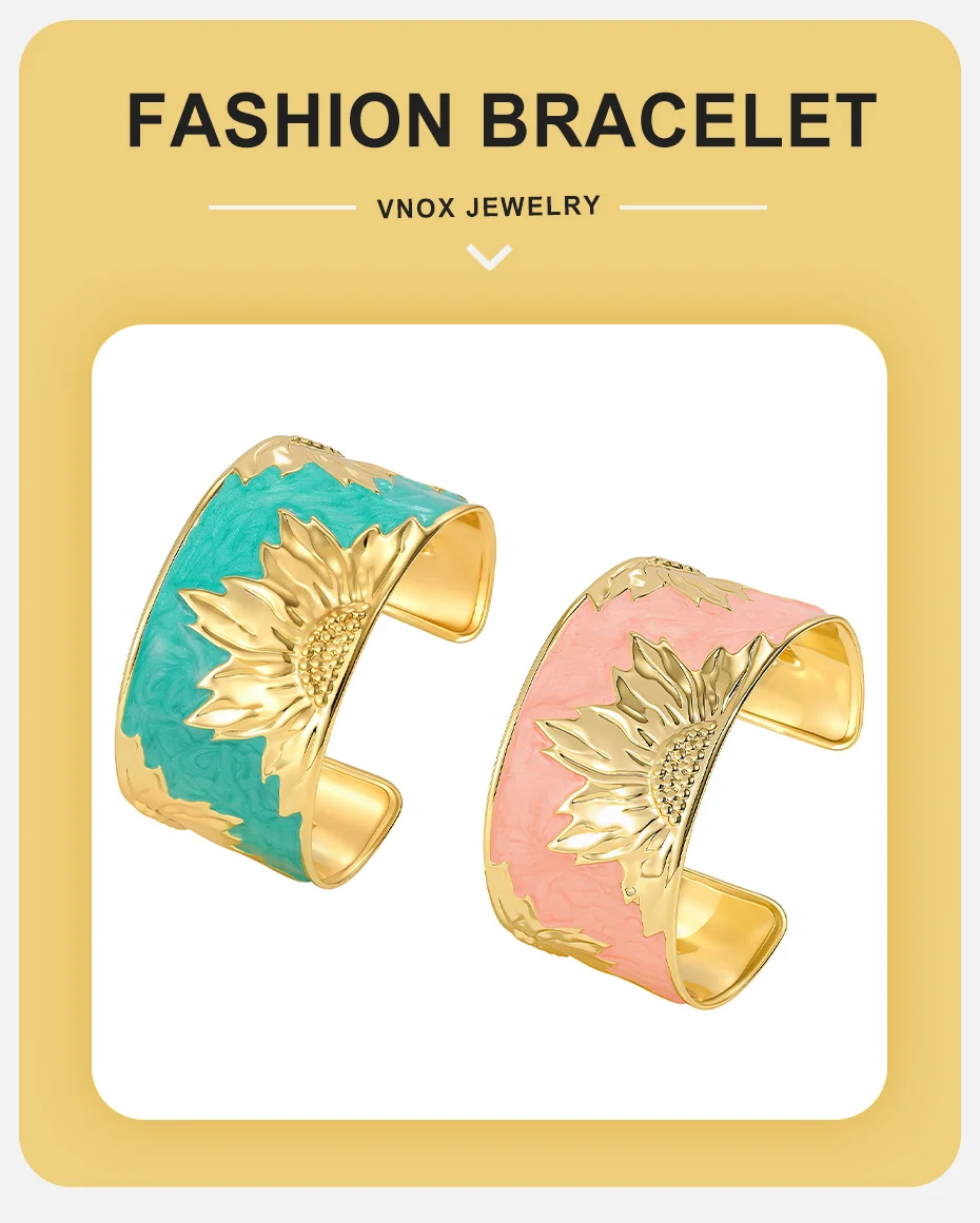 Vnox Vintage Chunky Emaille-Armreif in Blumenform für Damen, vergoldet, mit übertriebener Öltropfen-Optik, offener Armreif, Statement-Schmuck – Detail 1