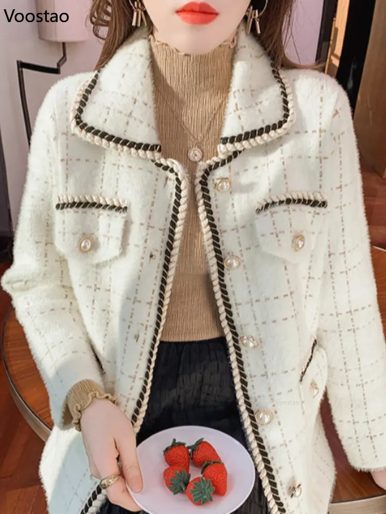 France Elegant Mink Cashmere Sweater Coat Autumn Winter Women Casual Loose Knitted Cardigan Female Turn-Down Collar Outwear Tops