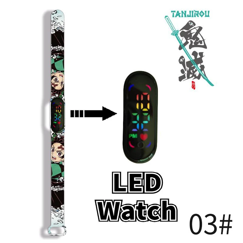 Demon Slayer Kids\' Watch Anime Figure Tanjiro Graffiti Silicone LED Electronic Bracelet Watch for Kids Birthday Gifts