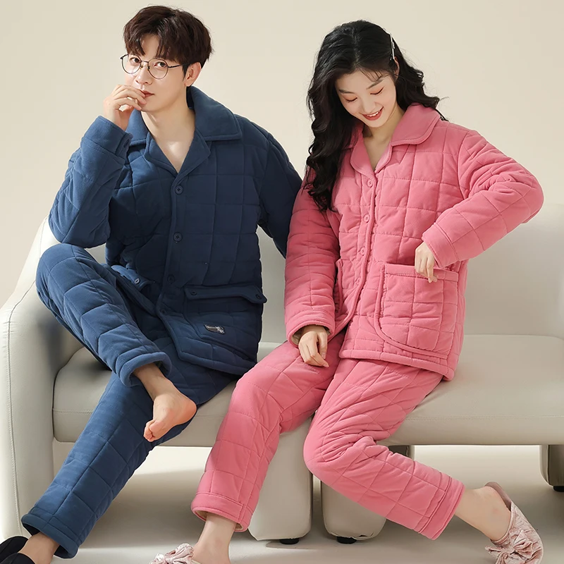 High Quality Winter Nightwear Couple 3 Layer Clip Cotton Pijamas Set Women And Men Pyjamas Home Suit