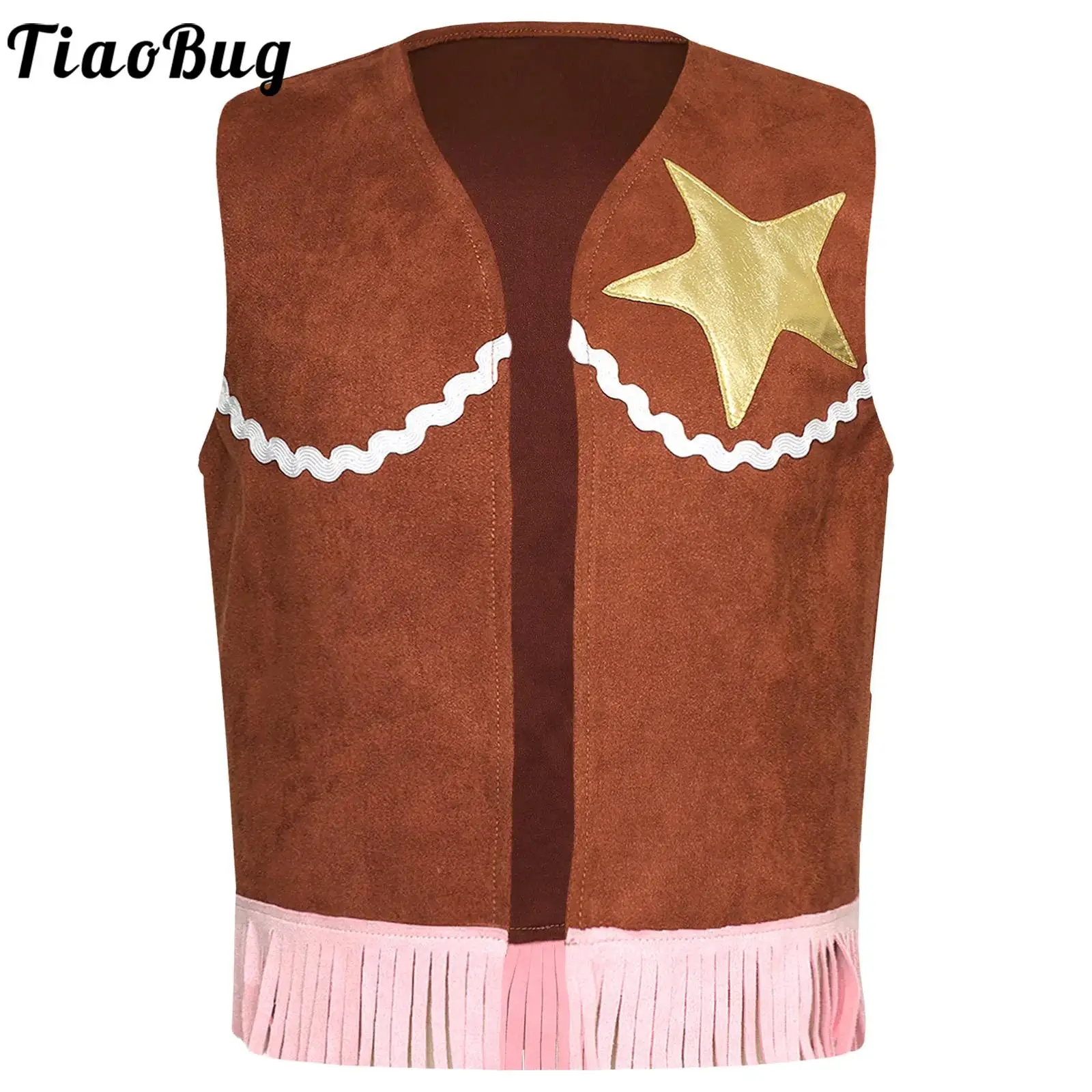 Kids Girl Cowboy Cosplay Costume Sleeveless Five-pointed Star Fringe Tassel Vest Halloween Fancy Party Western Cowgirl Waistcoat