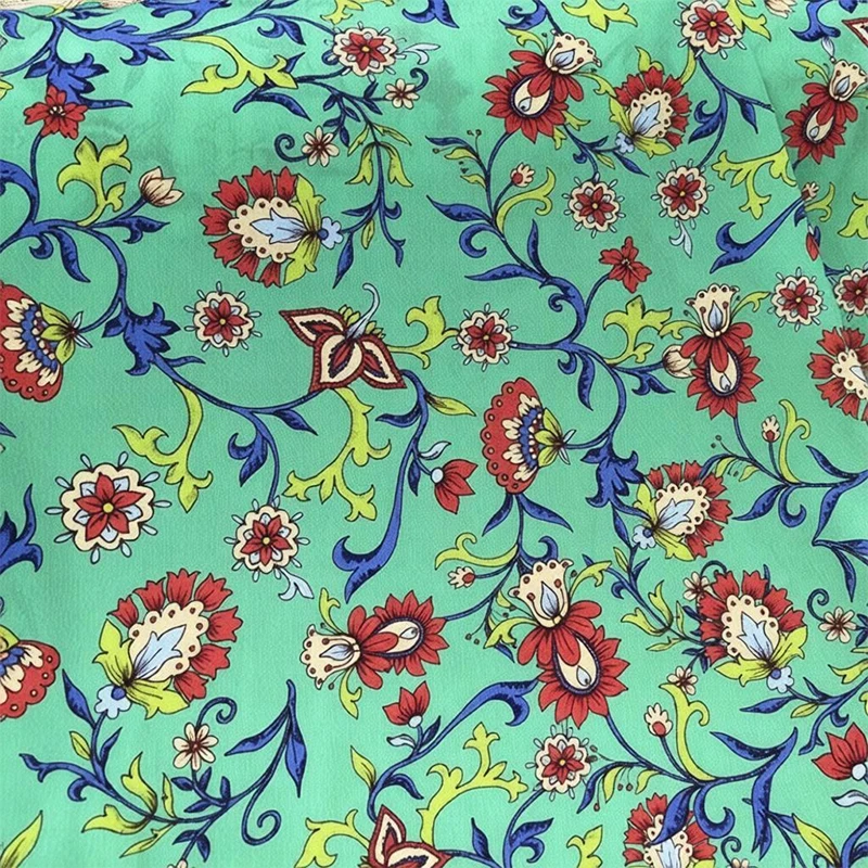 

1 meter 60% Mulberry Silk 40% Cotton 18 momme Crepe Silk Fabric Green Floral Printed 136cm 53" wide by the yard XL313