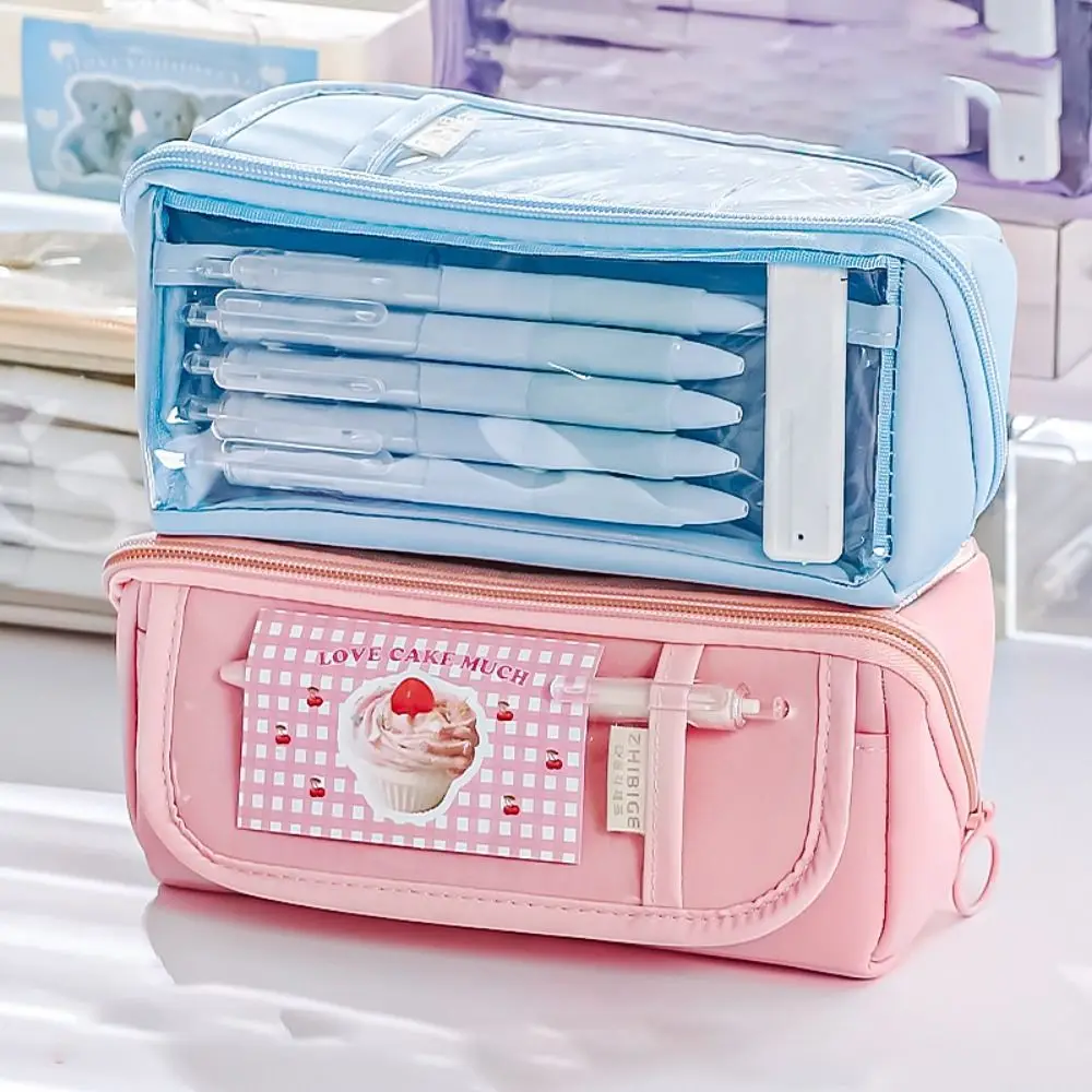 

Chic Solid Color Pencil Case Kawaii Korean Simplicity Transparent Pen Pouch Large Capacity Multifunctional