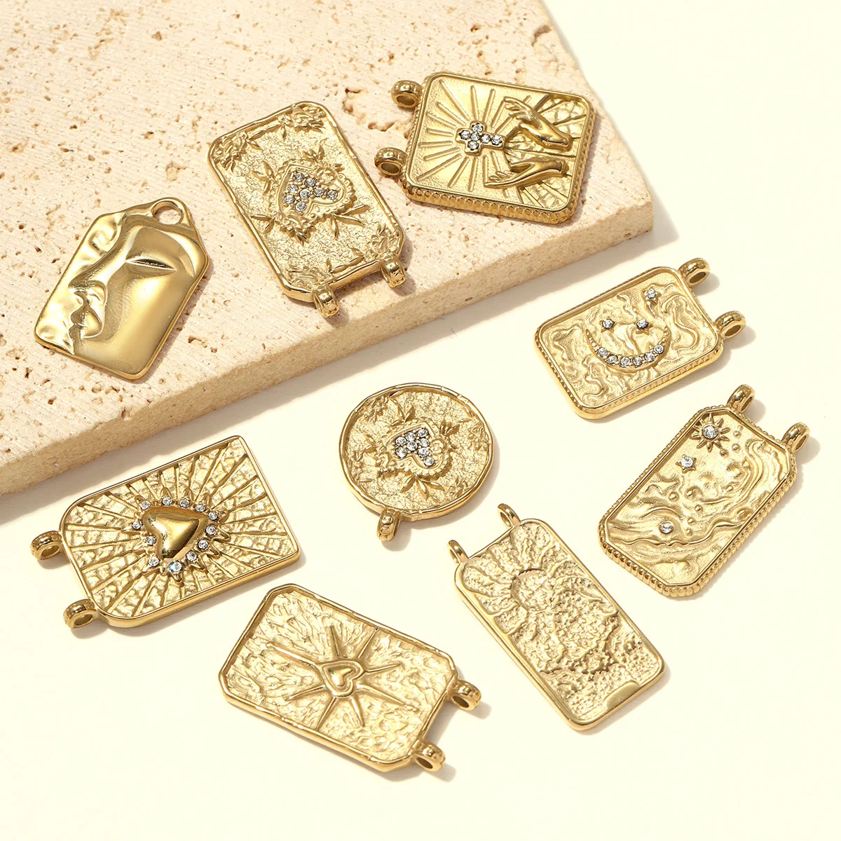 3pcs/Lot Stainless Steel Rhinestone Tarot Cards Moon Star DIY Charms Cross Hand Necklace Pendants Woman Flower Mask Jewelry