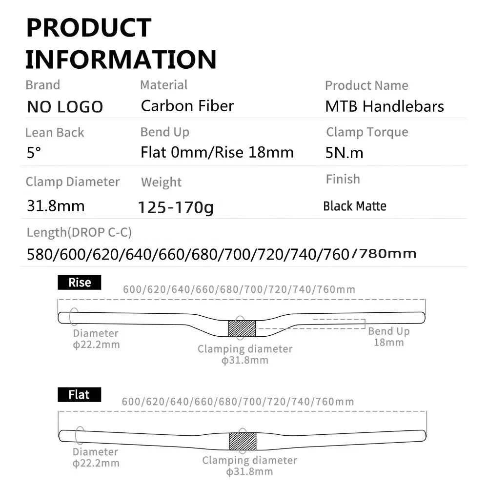 ماتي الأسود ألياف الكربون دراجة هوائية جبلية المقود MTB مقود دراجة أجزاء 31.8 مللي متر ارتفاع/مقود مسطح 580 مللي متر-780 مللي متر #2
