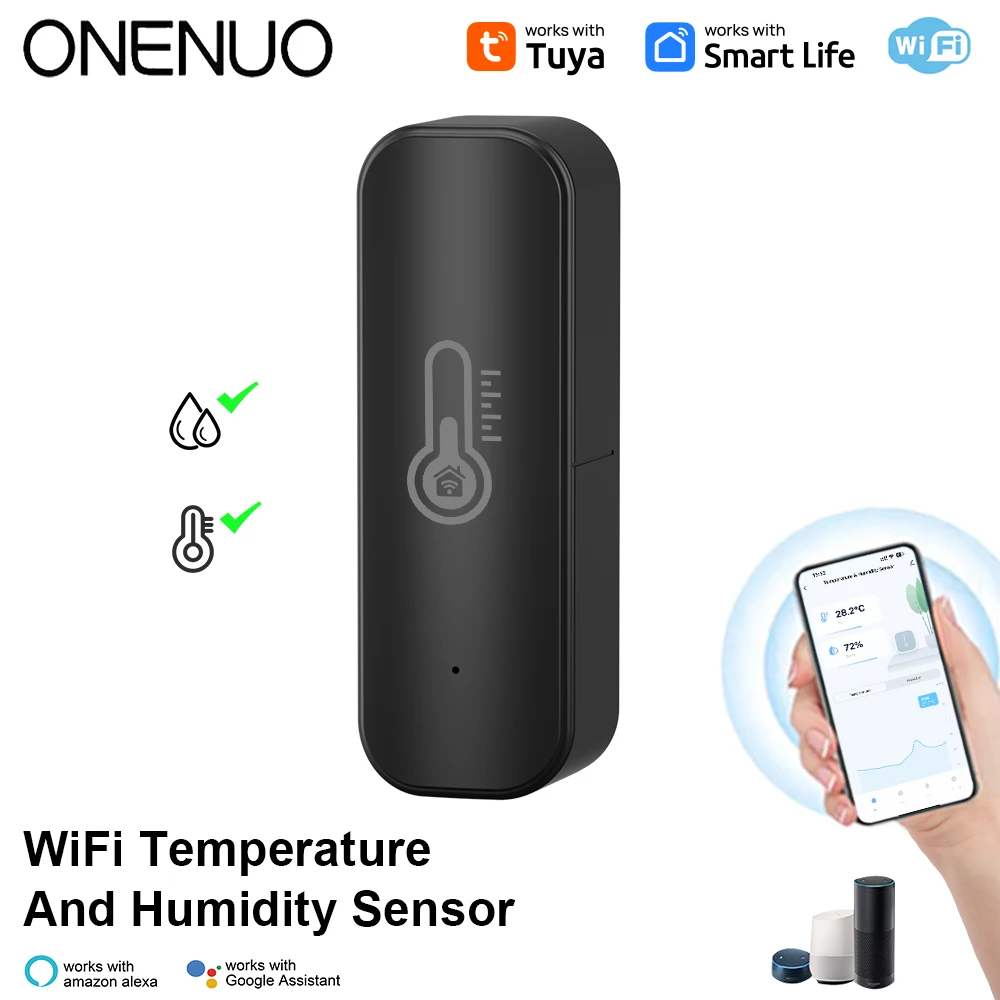 ONENUO Tuya Smart Temperature And Humidity Sensor WiFi APP Remote Monitor For Smart Home Var SmartLife Work With Alexa (Black)