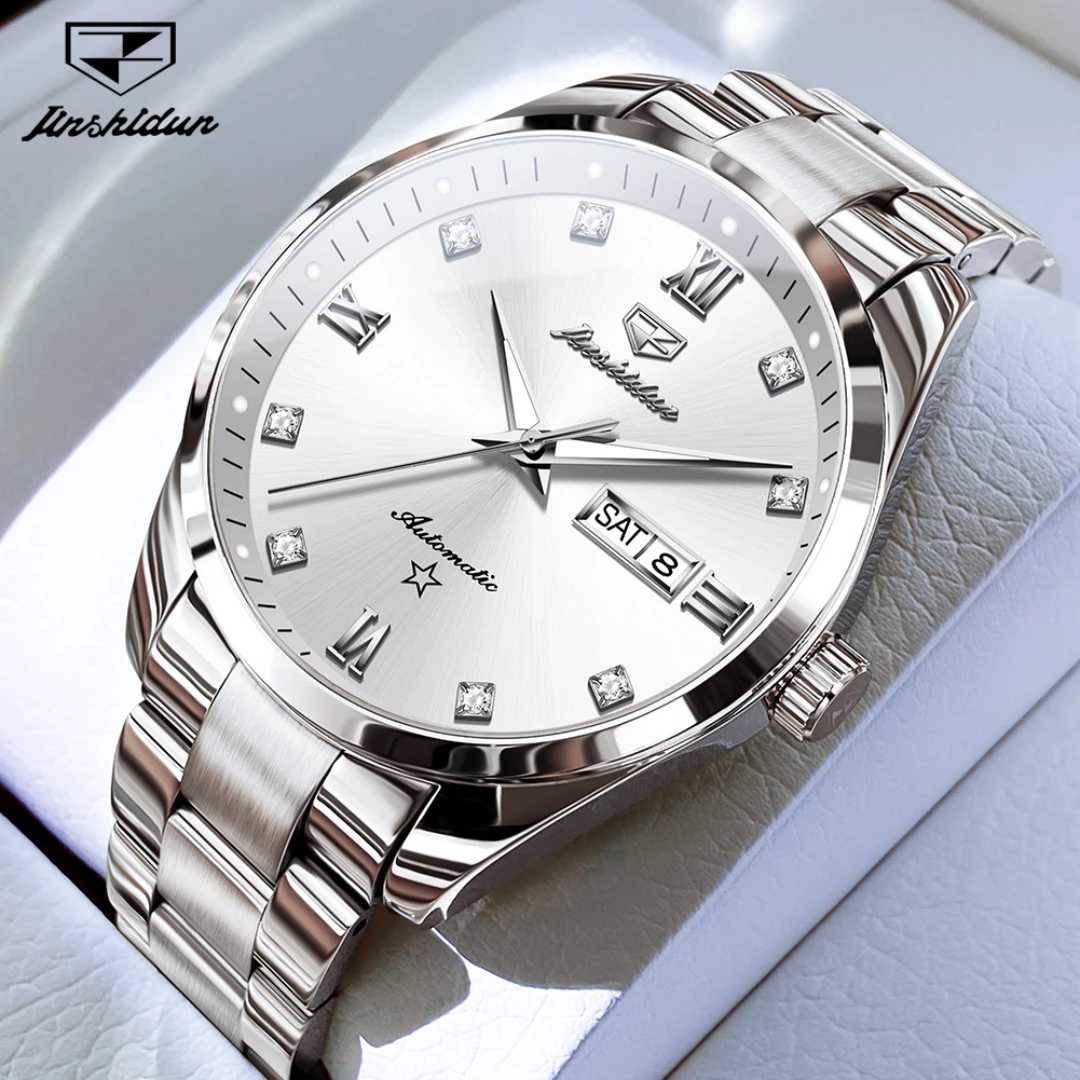 

JSDUN 8963 Fashion Mechanical Watch Gift Stainless Steel Watchband Round-dial Wristwatch Week Display Calendar Luminous