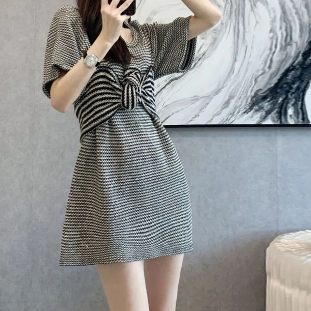 Women Bow Striped T-shirt Dress Summer Fashion Round Collar Short Sleeve Mini Dresses 2025 New Style Slim Fit Design