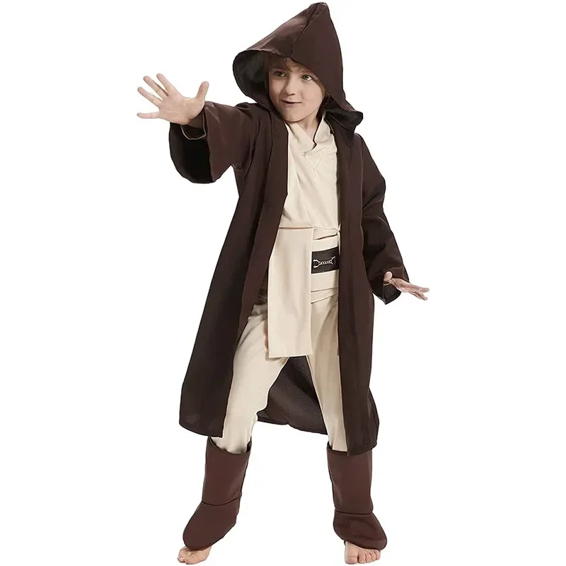 Kids Jedi Knight Costume Star and Wars Cosplay Costume Hooded Cloak Obi Wan Kenobi Clothes Full Set Halloween Costumes for Child