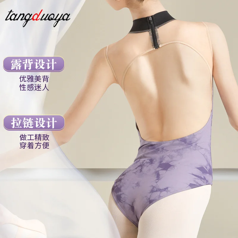 여성 발레 댄스 레오타드 터틀넥 민소매 잉크 프린팅 레오타드 성인 소녀 스케이트 폴 댄싱 바디수트 백리스 수영복